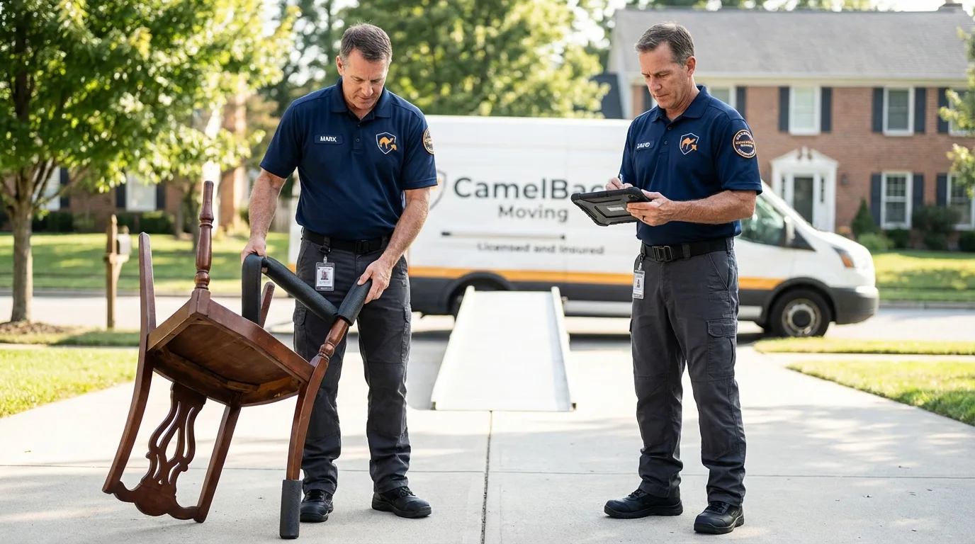 Movers inspecting furniture for damage prevention before loading in Hartford, NY