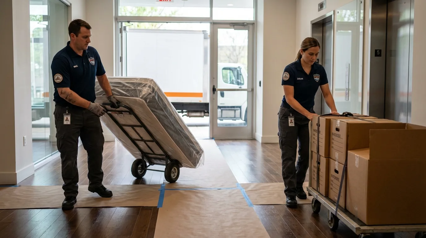 Professional apartment movers loading elevator in Hartford, NY