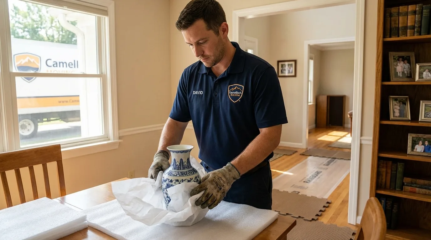 Professional crew carefully wrapping antique vase for senior downsizing move in Hartford, NY